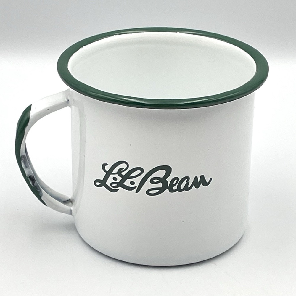 L.L. Bean Green & White Enamel Tin Metal Camp Mug GUC Maine Camping Hiking